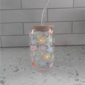 Floral Glass Tumbler with Straw